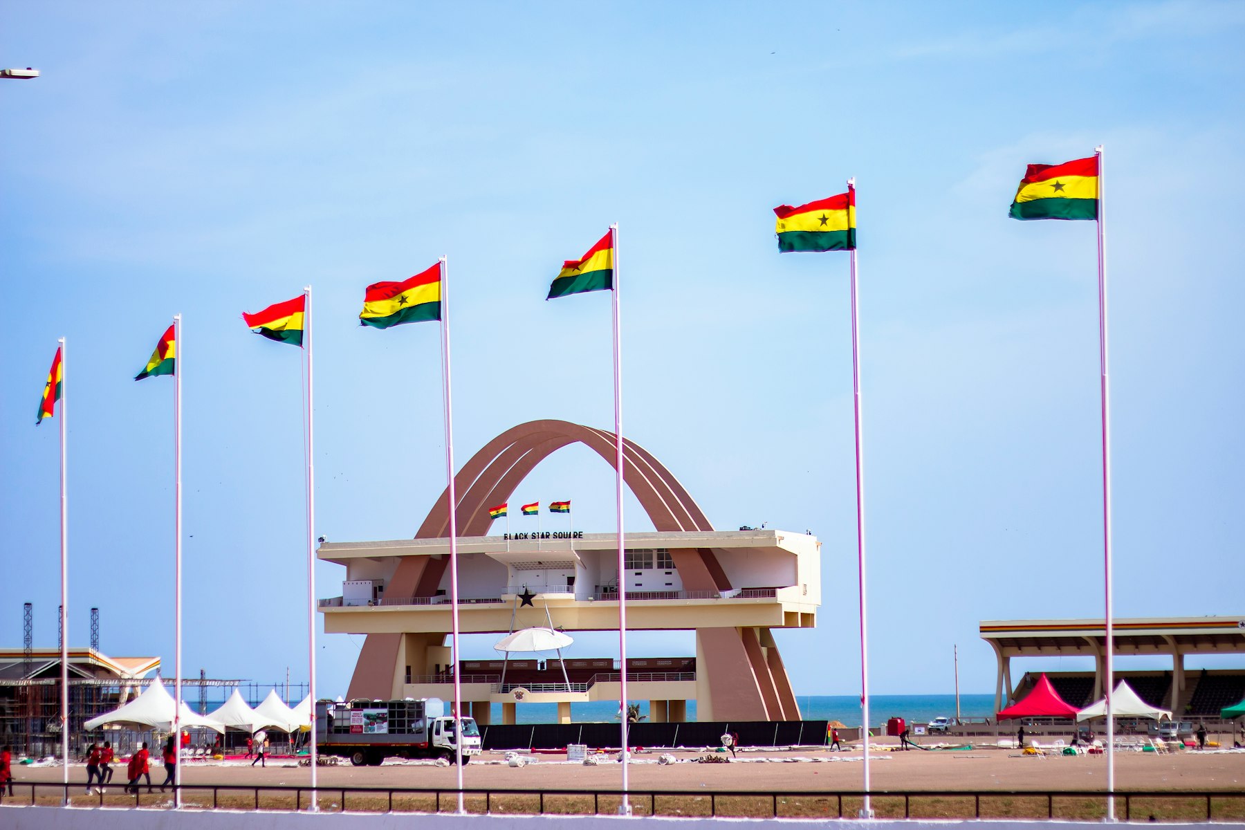 Ghanaian flags flying over Independence Square in Accra